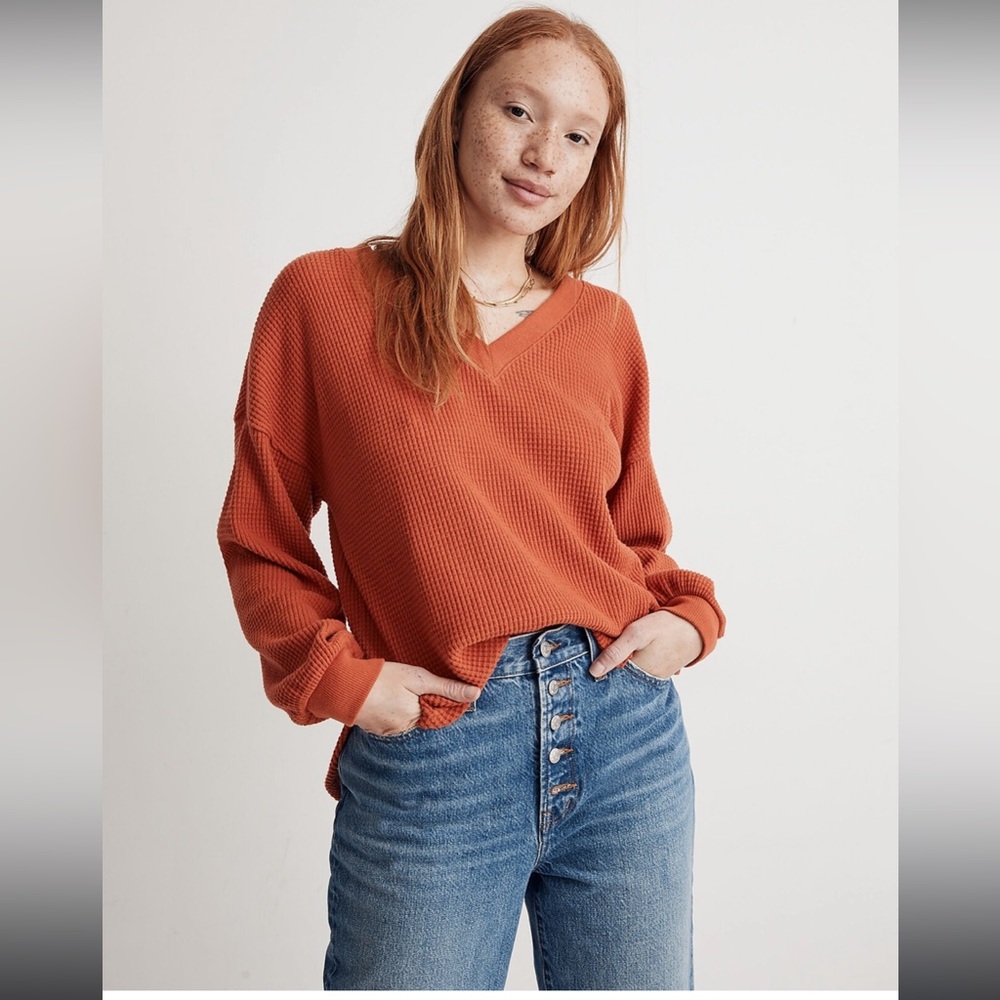 Waffle Knit V-Neck Long-Sleeve Sweater
